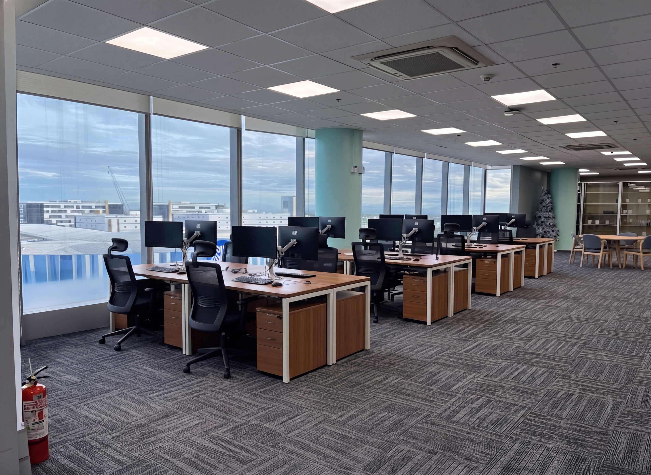 Open office floor with rows of desks