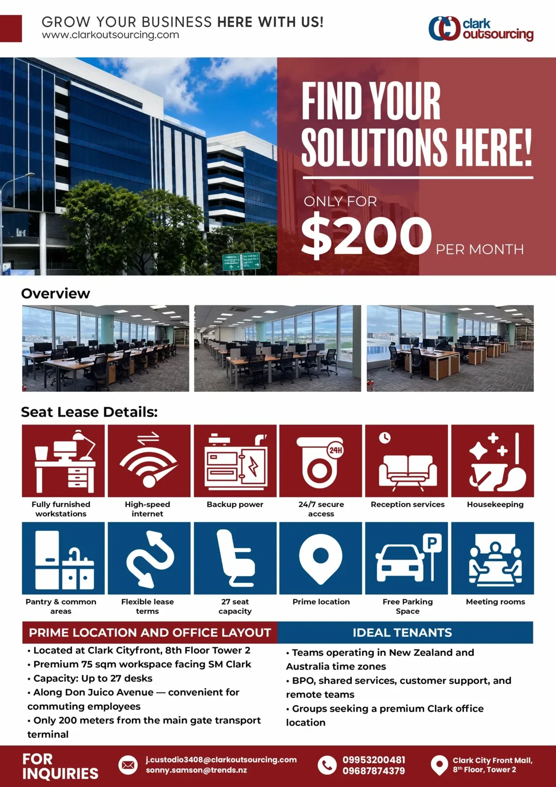 Clark Cityfront call center seat leasing — Clark Cityfront Tower 2 seat-leasing advertisement: $200 per month, up to 27 desks, furnished workstations and office amenities